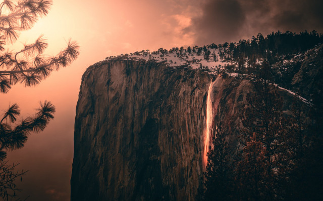 Waterfall cliff sunset trees mountain free wallpaper for desktop - medium preview image