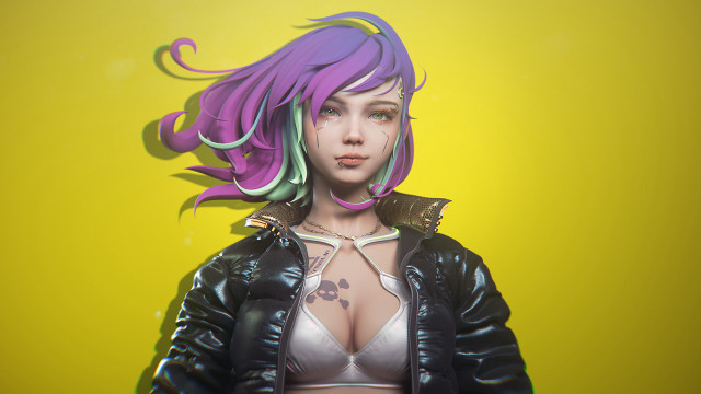 Purple hair leather jacket cyberpunk free wallpaper for desktop - medium preview image