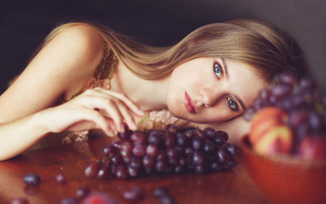 Woman grapes apples fruit bowl free wallpaper for desktop - medium preview image