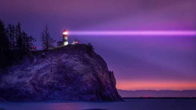 Lighthouse rock purple sky hologram free wallpaper for desktop - medium preview image