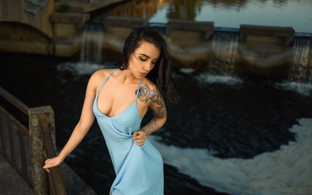 Woman blue dress river bridge free wallpaper for desktop - medium preview image