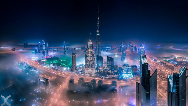 Cityscape night fog lights bridge free wallpaper for desktop - medium preview image