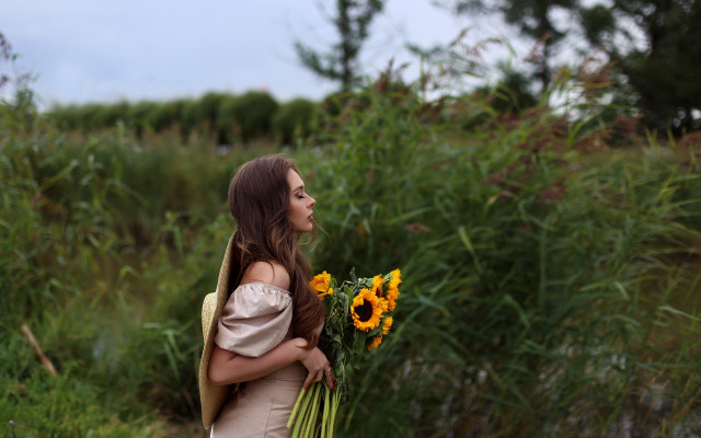 Sunflower bouquet woman field outdoors free wallpaper for desktop - medium preview image