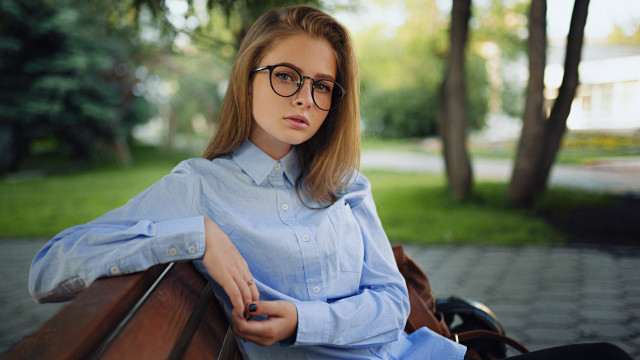 Woman park glasses blue shirt free wallpaper for desktop - medium preview image
