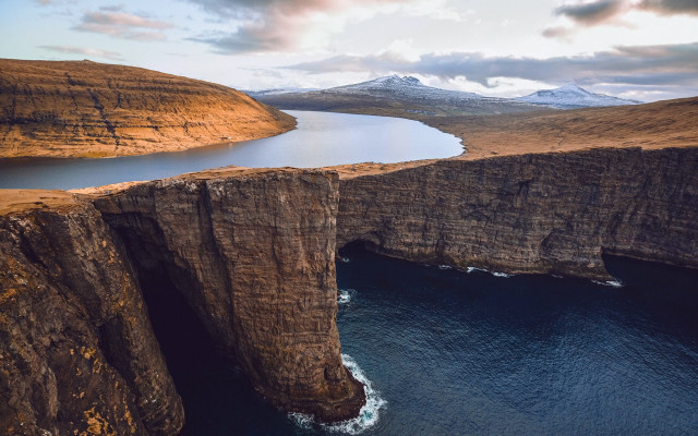 Mountain lake bridge sunset ocean free wallpaper for desktop - medium preview image