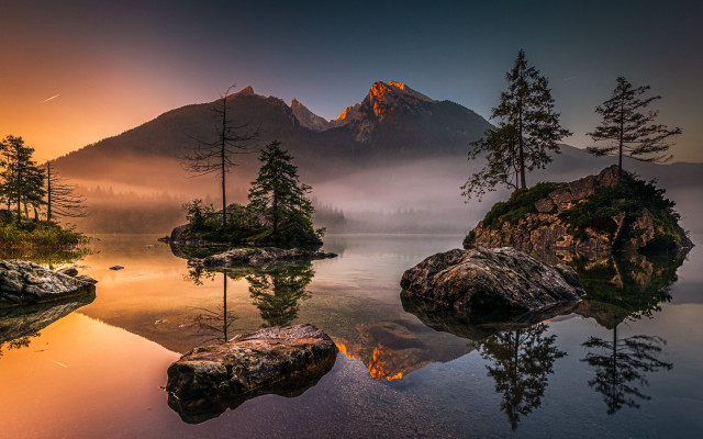 Mountain lake forest foggy sunset #3 free wallpaper for desktop - medium preview image