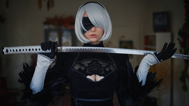 Woman sword mask blindfold blackdress free wallpaper for desktop - medium preview image