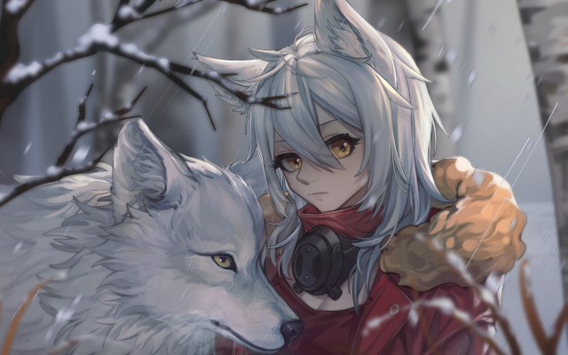 Woman wolf snowy outdoors red free wallpaper for desktop - medium preview image