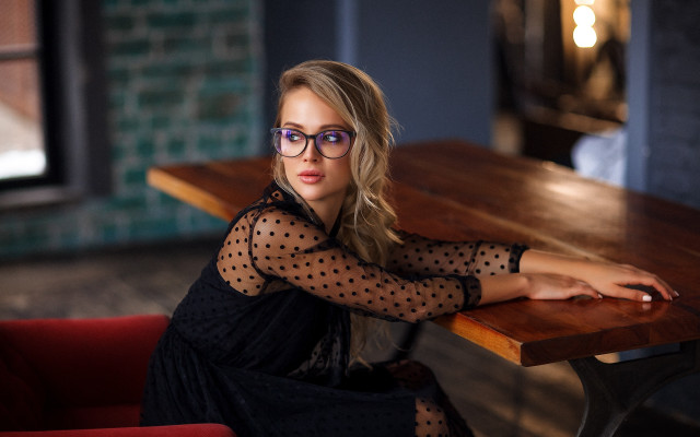 Woman purple glasses red chair free wallpaper for desktop - medium preview image