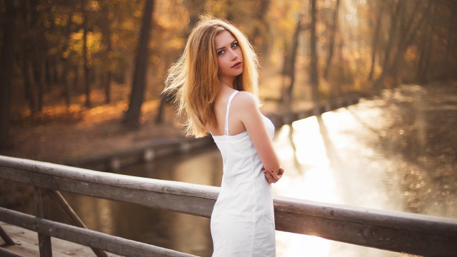 Woman white dress bridge river free wallpaper for desktop - medium preview image