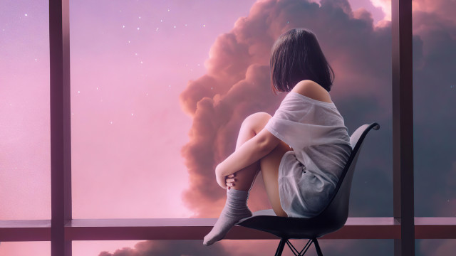 Woman sitting chair looking window #2 free wallpaper for desktop - medium preview image