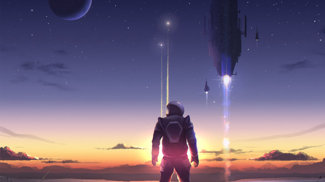 Sunset spaceship planet astronaut clouds free wallpaper for desktop - medium preview image