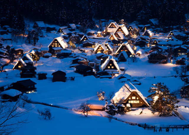 Snowy village night lights snow free wallpaper for desktop - medium preview image