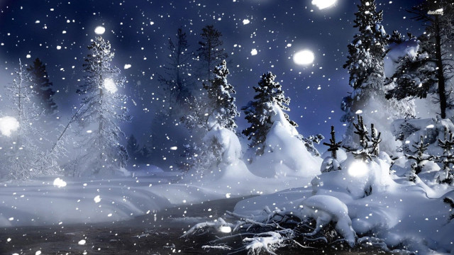 Snowy night stream trees full free wallpaper for desktop - medium preview image