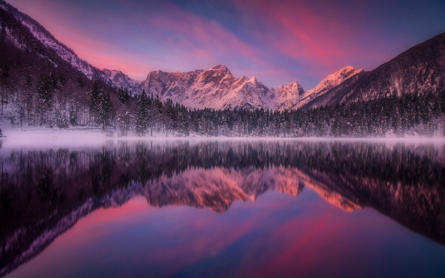 Mountain reflection sunset pink purple free wallpaper for desktop - medium preview image