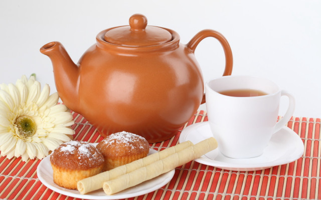 Plate pastries tea teapot flower free wallpaper for desktop - medium preview image