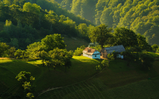 Lush green hillside house winding free wallpaper for desktop - medium preview image