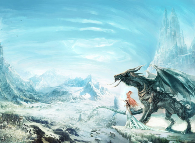 Woman dragon snowy landscape mountains free wallpaper for desktop - medium preview image