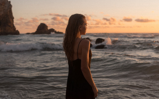 Woman beach sunset ocean waves free wallpaper for desktop - medium preview image