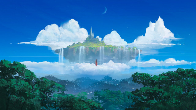 Castle sky waterfall person hill free wallpaper for desktop - medium preview image