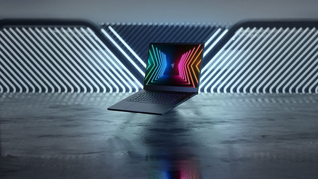 Laptop table wall lines neon free wallpaper for desktop - medium preview image