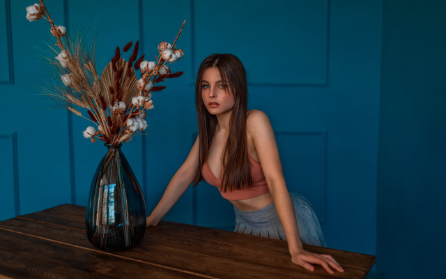 Woman vase flower blue wall free wallpaper for desktop - medium preview image