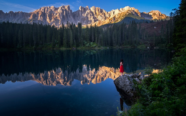 Woman rock lake mountains forest free wallpaper for desktop - medium preview image