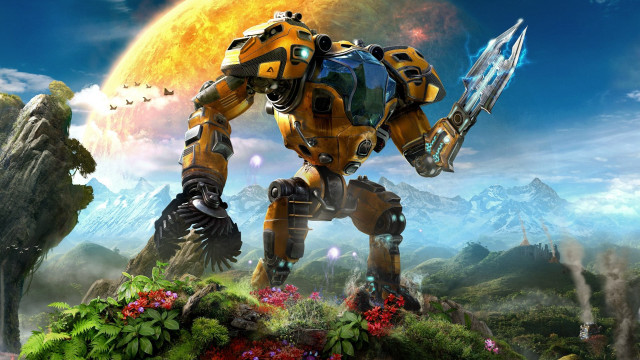 Yellow robot field fire water free wallpaper for desktop - medium preview image