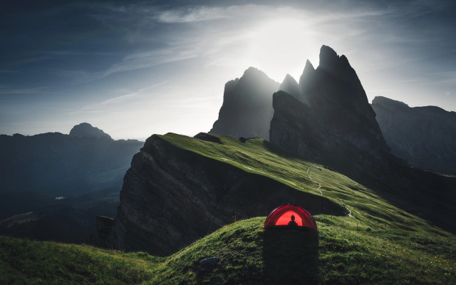 Tent hill mountains sun clouds free wallpaper for desktop - medium preview image