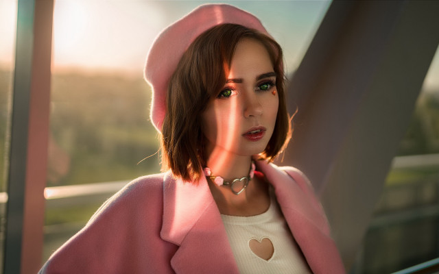 Woman pink coat hat balcony free wallpaper for desktop - medium preview image