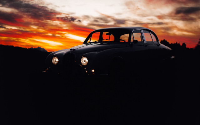 Black car field sunset red free wallpaper for desktop - medium preview image