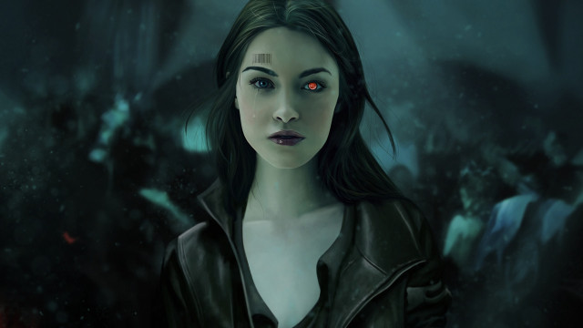 Red eyes cyberpunk fantasy dystopian free wallpaper for desktop - medium preview image