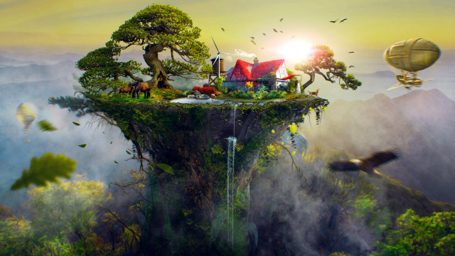 Floating island waterfall house hot free wallpaper for desktop - medium preview image