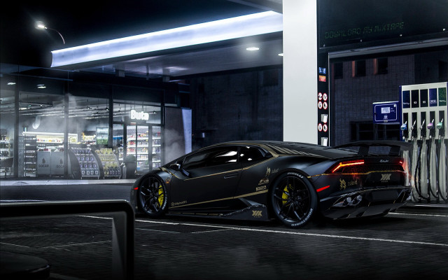 Black sports car night cityscape free wallpaper for desktop - medium preview image