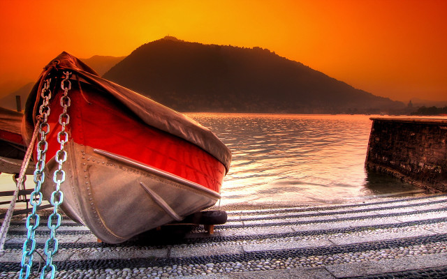Boat dock chain mountain sunset free wallpaper for desktop - medium preview image