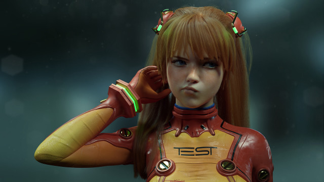 Futuristic woman red bodysuit blue free wallpaper for desktop - medium preview image