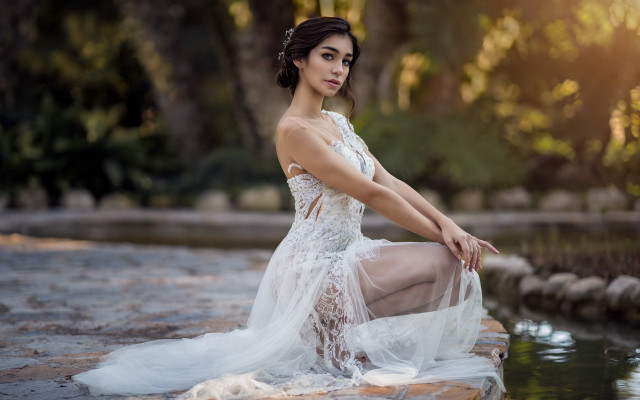 Woman white dress rock water free wallpaper for desktop - medium preview image