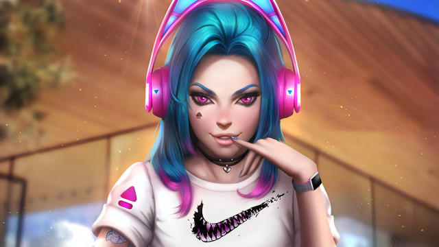 Blue hair headphones pink white free wallpaper for desktop - medium preview image