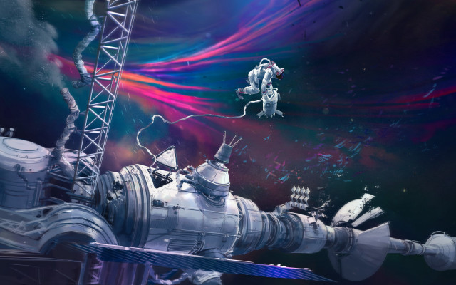 Metal crane planet starry sky free wallpaper for desktop - medium preview image