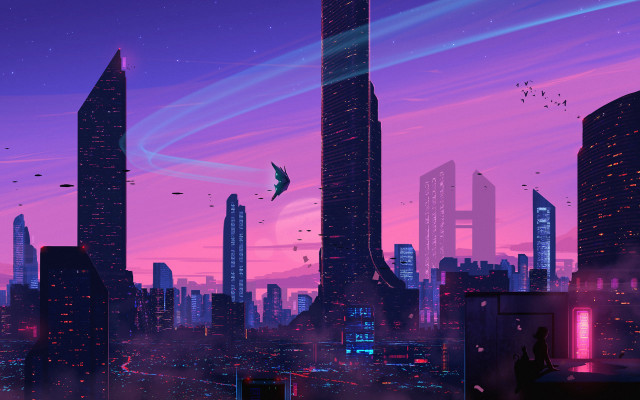 City skyline bird night purple free wallpaper for desktop - medium preview image