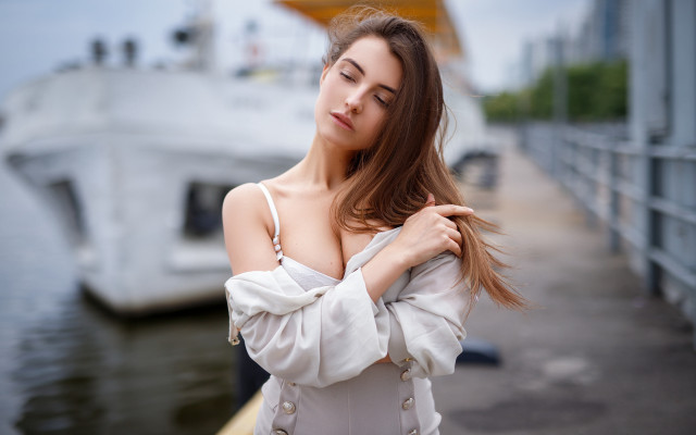 Woman dock boat romantic fashion free wallpaper for desktop - medium preview image