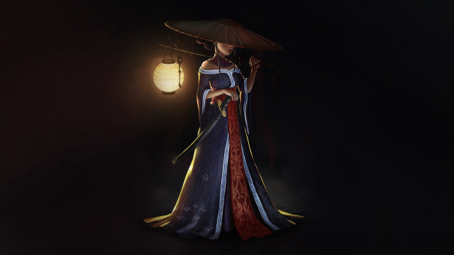 Woman kimono umbrella lantern night free wallpaper for desktop - medium preview image