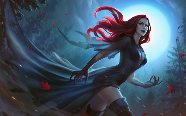 Woman forest fullmoon autumn leaves free wallpaper for desktop - medium preview image