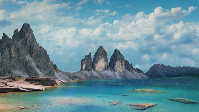 Mountain lake rocks boat sky free wallpaper for desktop - medium preview image