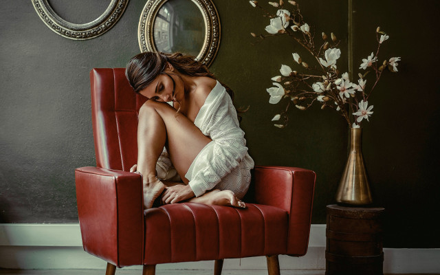 Woman redchair mirror flowers fashion free wallpaper for desktop - medium preview image