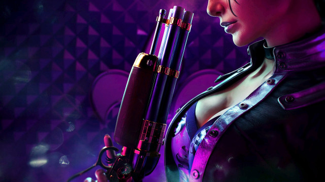 Woman gun purple room cyberpunk free wallpaper for desktop - medium preview image