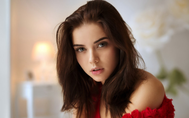 Woman red dress halfup hair free wallpaper for desktop - medium preview image