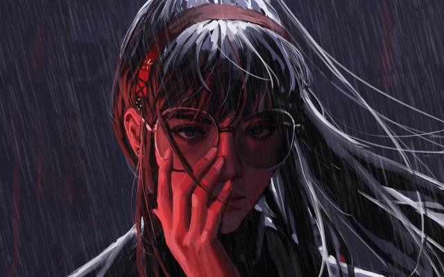 Woman glasses rain cyberpunk longhair free wallpaper for desktop - medium preview image