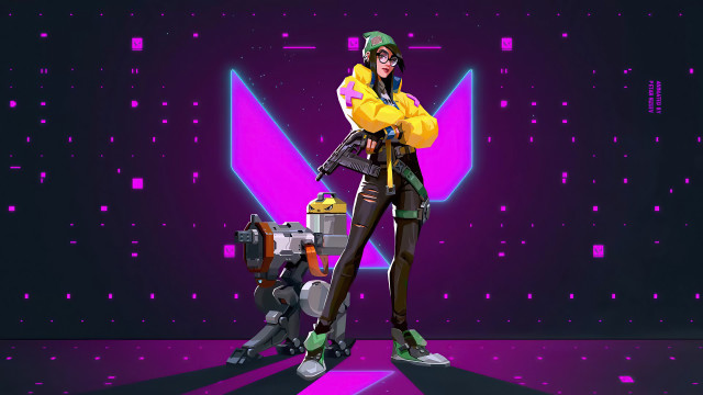 Yellow jacket woman robot purple free wallpaper for desktop - medium preview image