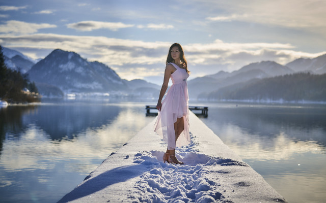 Pink dress lake mountains ship free wallpaper for desktop - medium preview image
